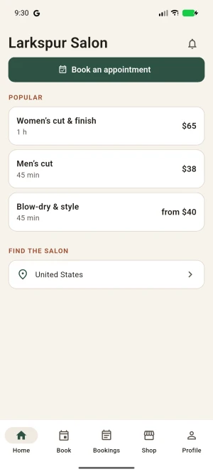 The customer app: the salon’s home screen.