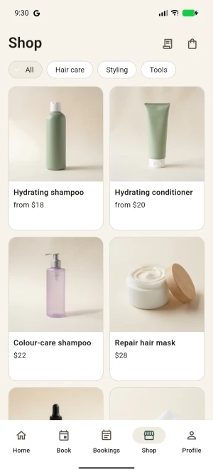The customer app: the salon’s shop.