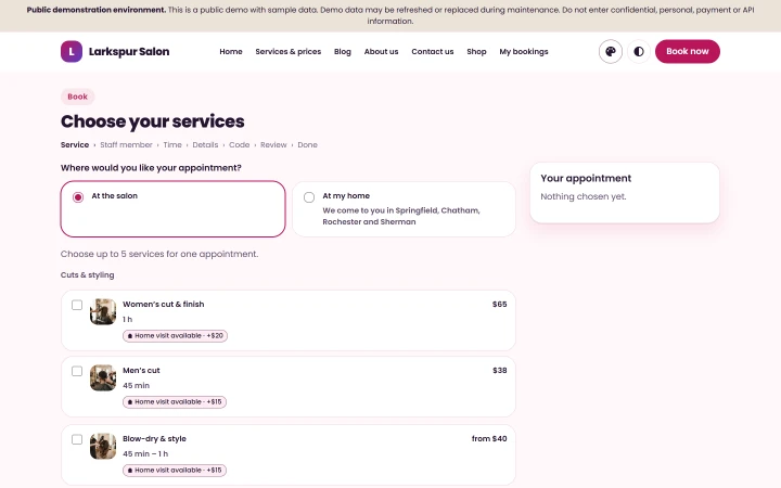 Online booking: choosing a service, on a desktop.