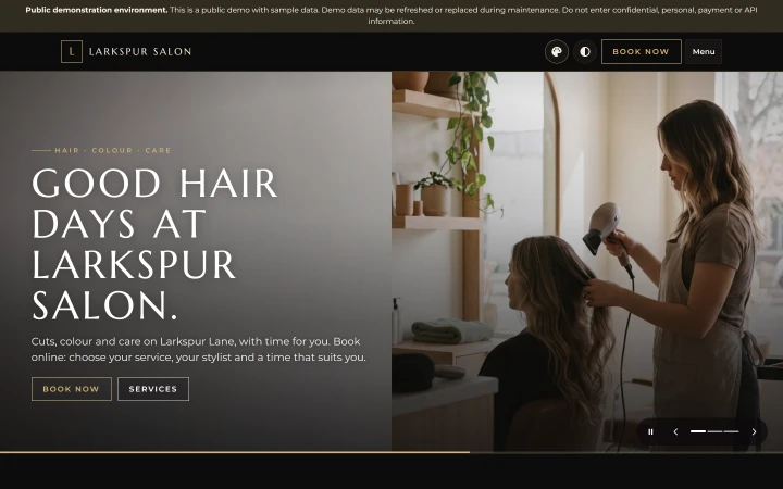 The same salon website in the Onyx theme, Dark.