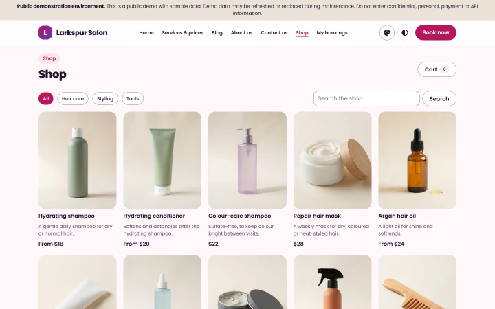 The salon's shop on its website.