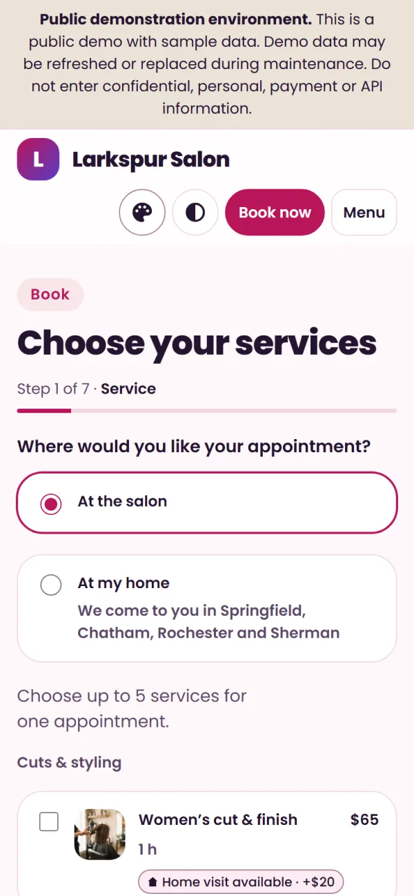 Hair salon booking software on a phone: a client choosing a service, from the public demo