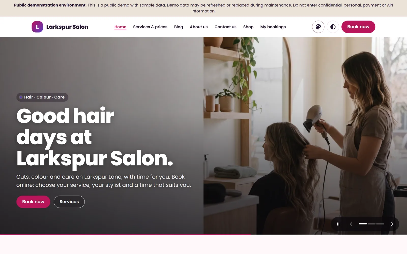 Salon booking software: a salon’s own website with the Book now button, Bloom theme, from the public demo